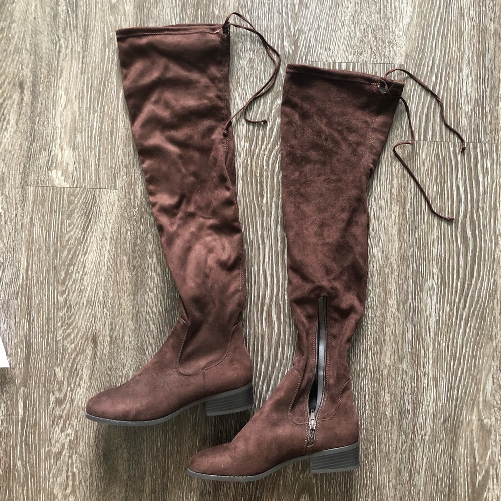 Brown suede thigh high boots
